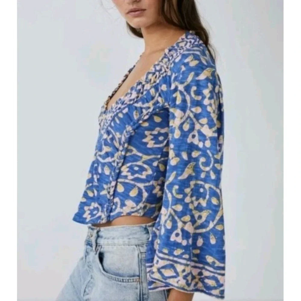 Free People Top On The Block Small Blue Cotton Batik Print Smocked Wide‎ Sleeve